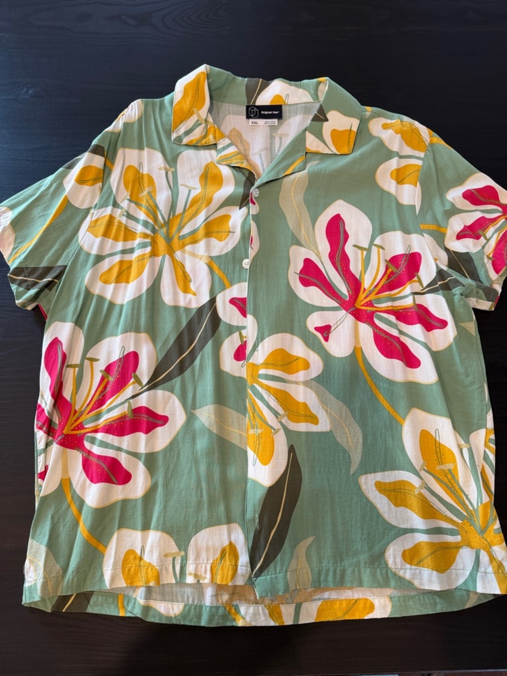 Original Use Green Button-Up Shirt with Pink & Yellow Floral Print